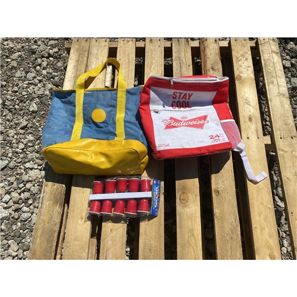 Budweiser Soft Cooler, Blue & Yellow Tote, and LED Cup Party Lights