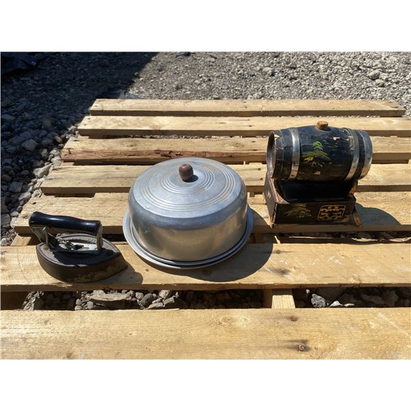 3: Decorative Barrel Bank, Aluminum Cake Carrier, Taylor Forge Iron