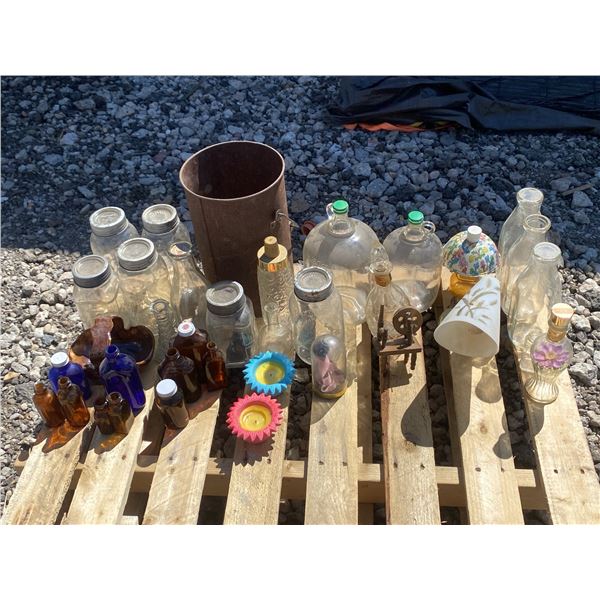 Bottles, Mason Jars, Metal Pail, Miniatures, and Decor Lot