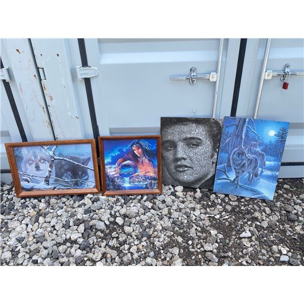 Four Framed and Unframed Completed Puzzles: Wolves, Woman, Portrait