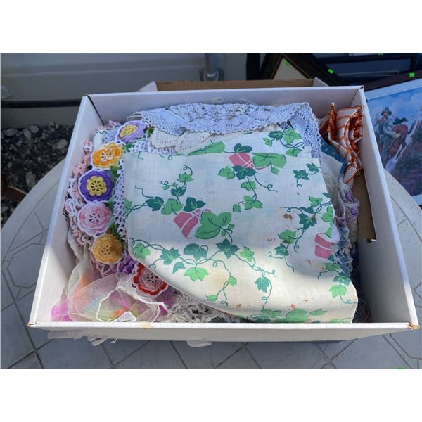 Box Lot of Vintage Linens, Doilies, and Textile Decor