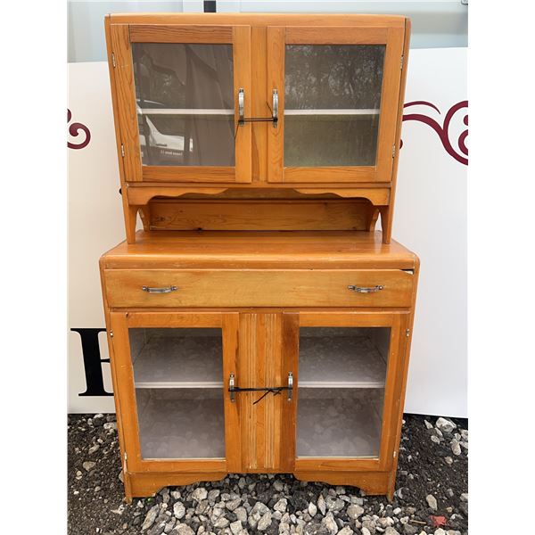 Two-Piece Wood Hutch With Glass Doors and Drawer