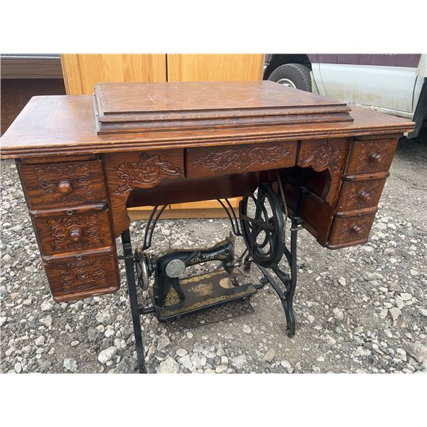 Singer Treadle Sewing Machine in Ornate Cabinet, 35" x 19" x 31.5"