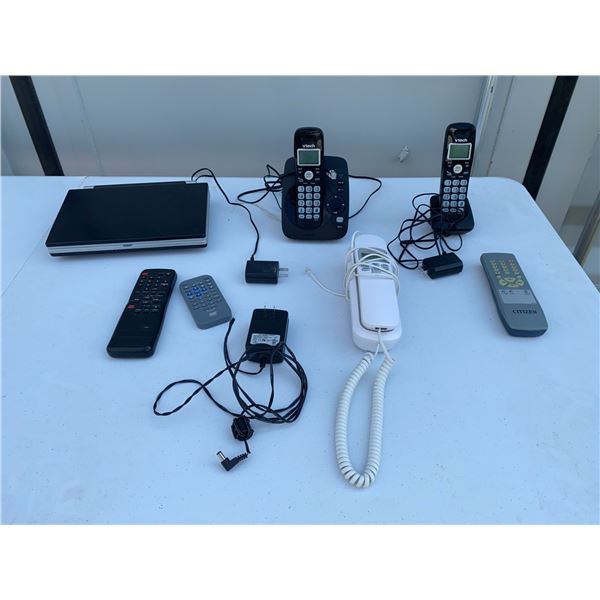 Electronics Lot: VTech Phones, V7 DVD Player, Remotes, Adapters