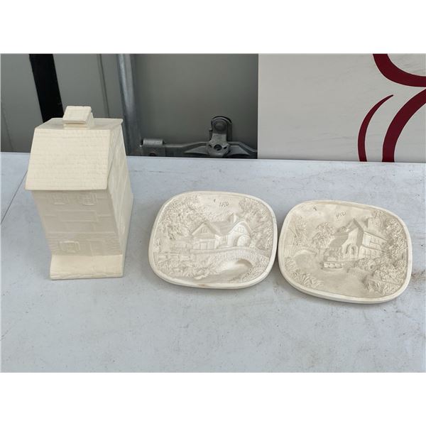 3 White Plaster Decorative Pieces: House Form and Two Landscape Relief Plaques
