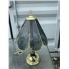 Image 1 : Brass Table Lamp with Smoked Glass Shade