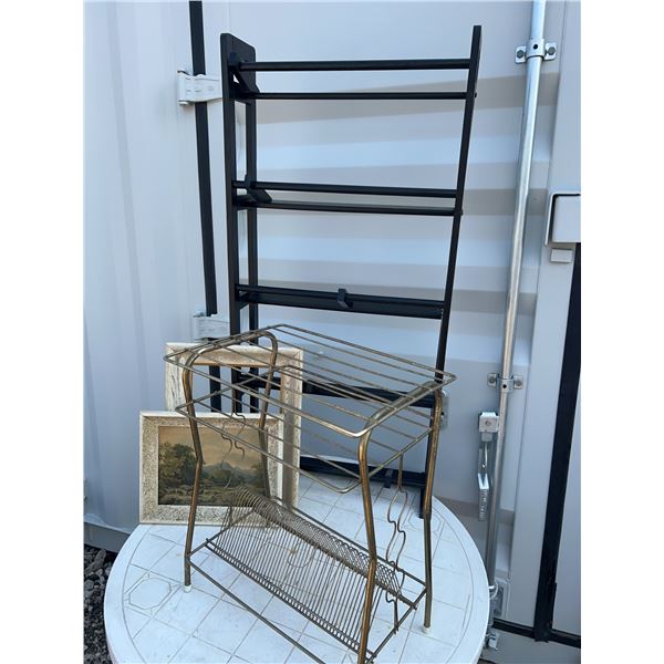 Lot: Black Wooden Shelf, Brass Magazine Rack, Frames, Painting