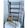 Image 1 : Lot: Black Wooden Shelf, Brass Magazine Rack, Frames, Painting