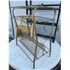 Image 2 : Lot: Black Wooden Shelf, Brass Magazine Rack, Frames, Painting