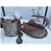Image 1 : Tractor Seat, Metal Chain with Hook, and Pail of Hardware