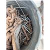 Image 7 : Tractor Seat, Metal Chain with Hook, and Pail of Hardware