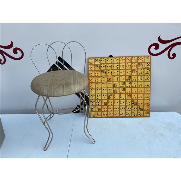 Wire Frame Chair With Fabric Seat and Playing Card Design Board