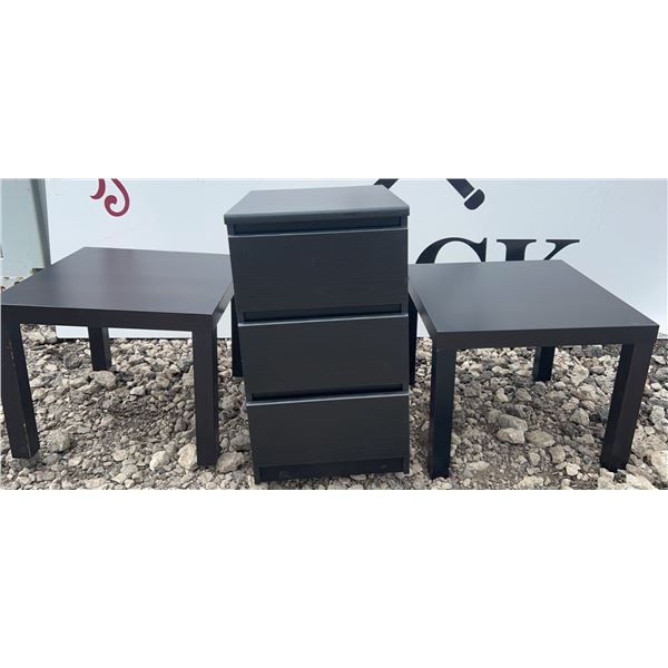 IKEA LACK Set: (2) Side Tables & 3-Drawer Chest, Black Finish