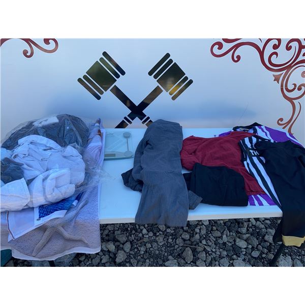 Clothing Lot with Size 10 Pants, Shirts, Jerseys, Scale, and Linens