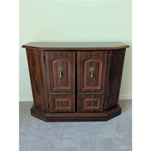 Walnut-Finish Wood Cabinet with Brass Pulls