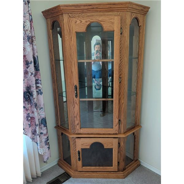 Solid Oak Corner Curio Cabinet w/ Overhead Light