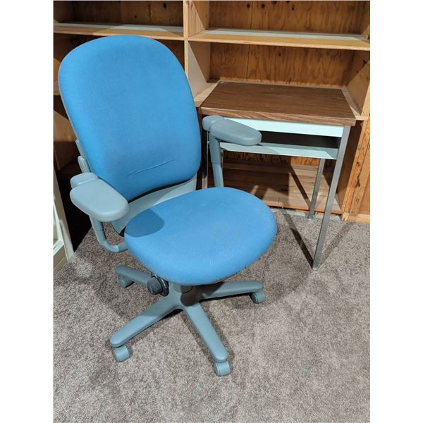 Compact Desk with Woodgrain Top and Blue Fabric Office Chair
