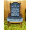 Image 1 : Wood Framed Wingback Chair with Blue Tufted Upholstery and Cane Sides