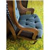 Image 4 : Wood Framed Wingback Chair with Blue Tufted Upholstery and Cane Sides