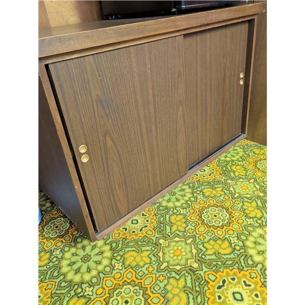 Wood Veneer Storage Cabinet with Sliding Doors and White Torchiere Floor Lamp