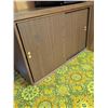 Image 1 : Wood Veneer Storage Cabinet with Sliding Doors and White Torchiere Floor Lamp