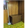 Image 3 : Wood Veneer Storage Cabinet with Sliding Doors and White Torchiere Floor Lamp