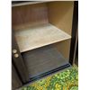 Image 6 : Wood Veneer Storage Cabinet with Sliding Doors and White Torchiere Floor Lamp