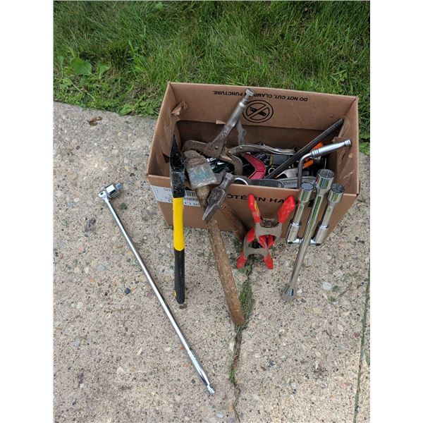 Hand Tools Including Axe, Hammers, Sockets, and Clamps