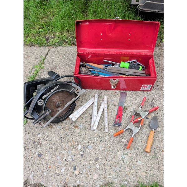 Tool Lot with Black & Decker Circular Saw, Red Metal Toolbox, and Hand Tools