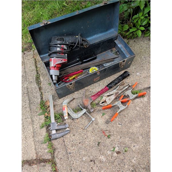 Metal Toolbox With Assorted Hand Tools and Electric Drill