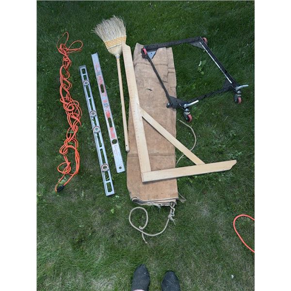 Yard and Workshop Tools Lot: Levels, Broom, Extension Cord, Dolly Frame