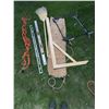 Image 1 : Yard and Workshop Tools Lot: Levels, Broom, Extension Cord, Dolly Frame