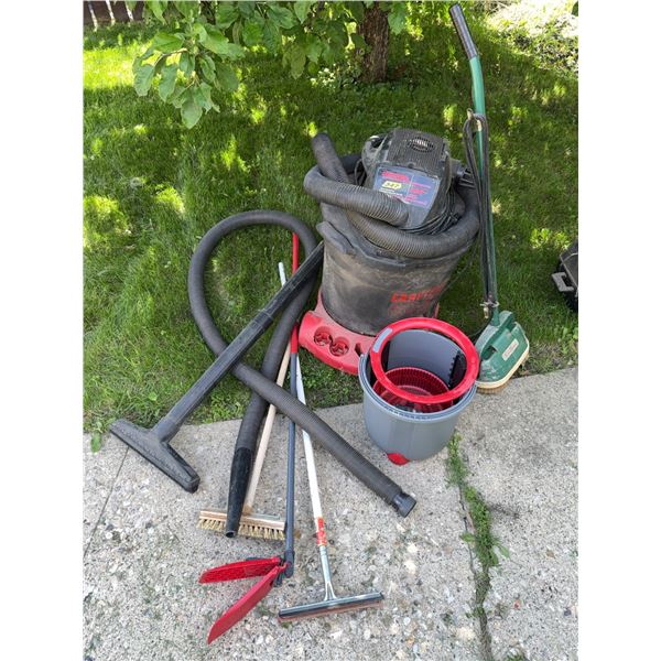 Cleaning Equipment Lot: Craftsman 60L Shop Vac, Spin Mop, Brooms, Squeegee