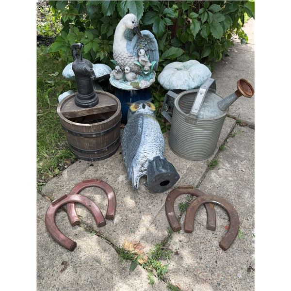 Garden Decor Lot: Owl Statue, Mushrooms, Metal Watering Can, Wooden Pump, Horseshoes
