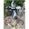 Image 1 : Garden Decor Lot: Owl Statue, Mushrooms, Metal Watering Can, Wooden Pump, Horseshoes