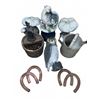 Image 2 : Garden Decor Lot: Owl Statue, Mushrooms, Metal Watering Can, Wooden Pump, Horseshoes