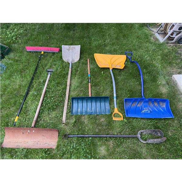 Yard and Snow Tools Including Shovels and Brooms