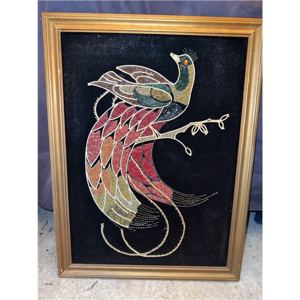 Framed Embellished Textile Artwork of Bird on Black Velvet