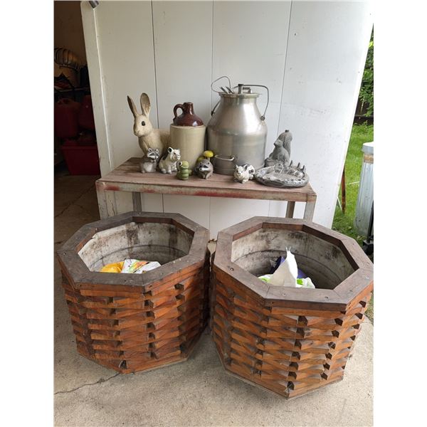 Rustic Decorative Items and Two Wooden Basket Planters