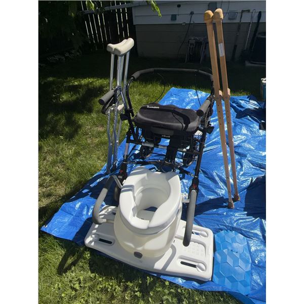 Mobility Aid Bundle: Rollator, Raised Toilet Seat, Crutches, and Cushions