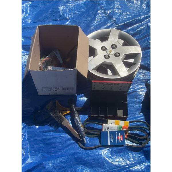 Automotive and Tools Lot: Chevy Hubcaps, Tools, Sinkers, Belts