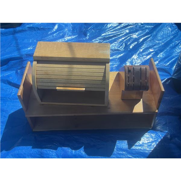 Wood Bread Box with Roll-Top and Knife Block Shelf Unit
