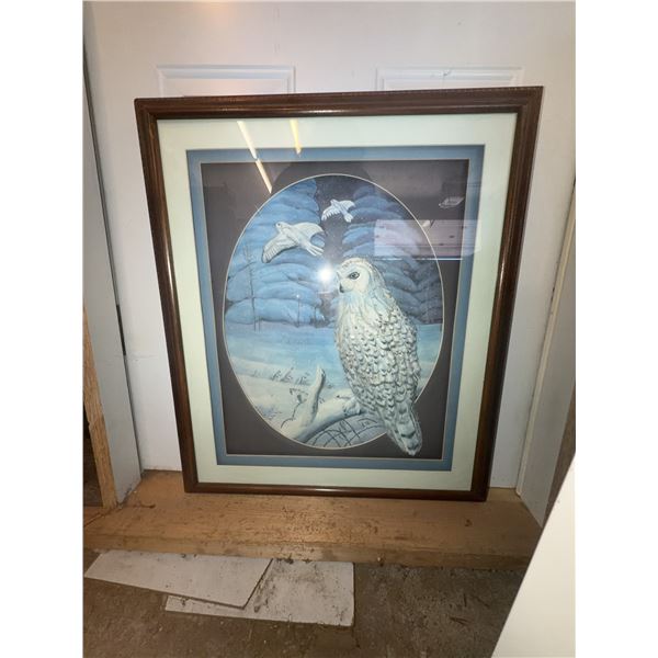 Framed Snowy Owl and Birds Winter Scene Print