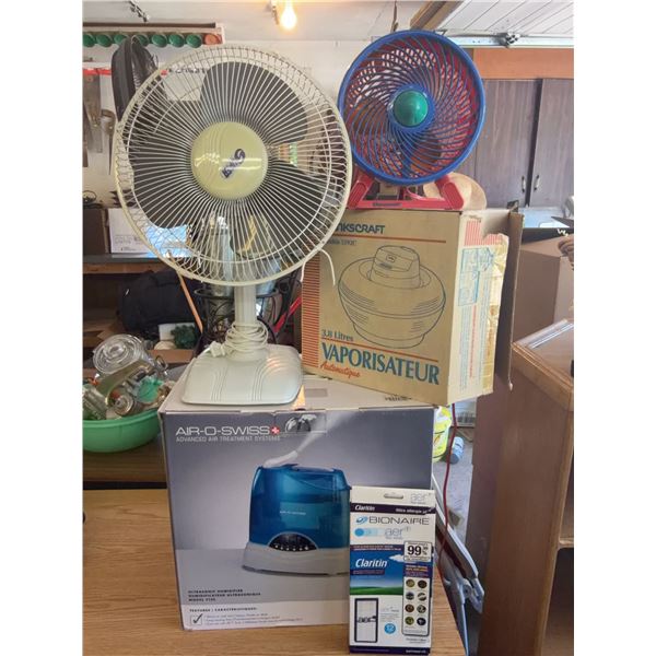 Air Treatment and Fan Lot: Air-O-Swiss Humidifier, Claritin Filter, Desk Fans