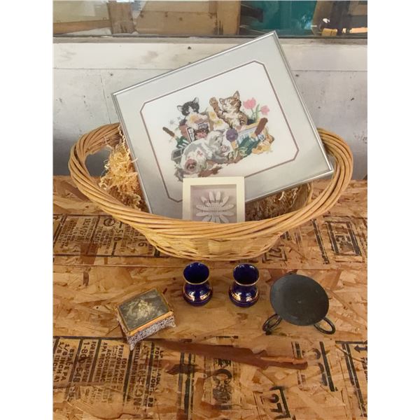 Decorative Lot: Framed Cat Needlework, Delft Vases, Trinket Box