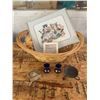 Image 1 : Decorative Lot: Framed Cat Needlework, Delft Vases, Trinket Box