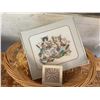 Image 2 : Decorative Lot: Framed Cat Needlework, Delft Vases, Trinket Box