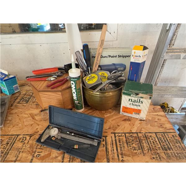 Workshop Tool Lot With Dial Caliper, Screwdrivers, Tape Measures