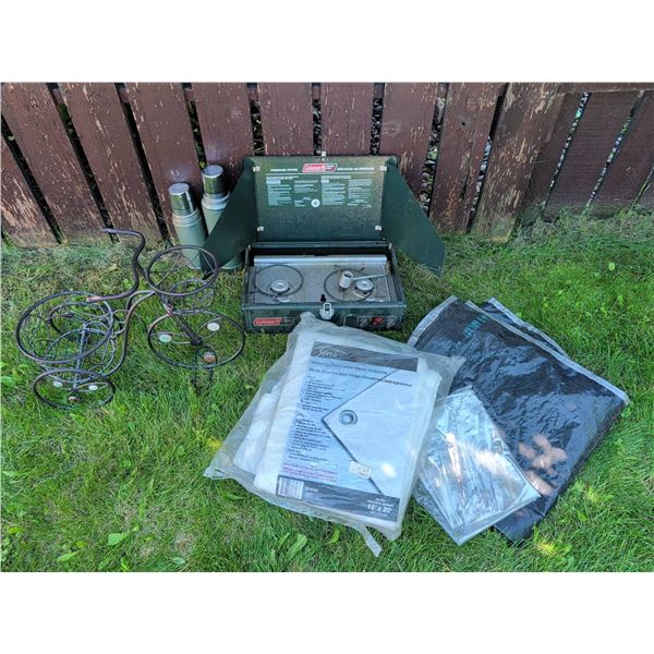 Coleman Propane Stove, Thermos Set, Tarps, and Metal Plant Stand Group