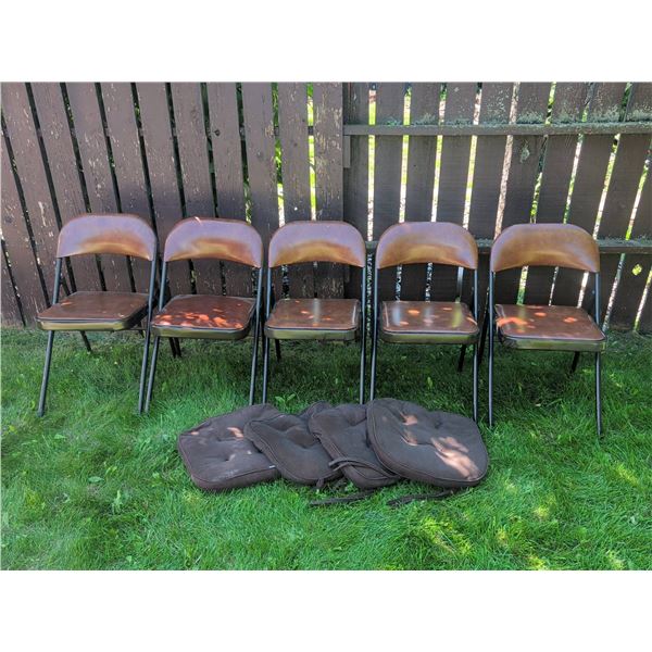 5 Brown Metal and Vinyl Folding Chairs with Seat Cushions